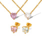 Pink White Zircon Heart Earrings/Necklace [304 Stainless Steel, 18K Gold Plated]