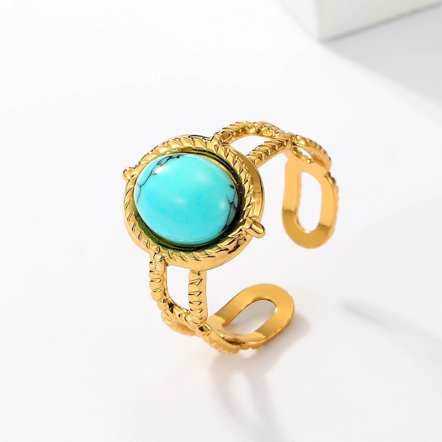 Round Square Turquoise Open Ring [201 Stainless Steel, 18K Gold Plated]