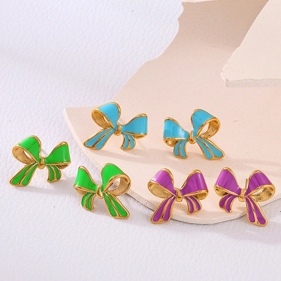 Color Preppy Style Bow Knot Enamel Earrings [304 Stainless Steel,18K Gold Plated]