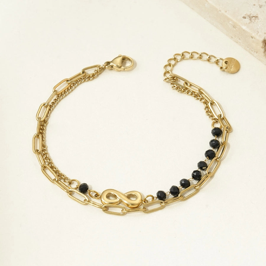 Black Beads Chain Bracelets[304 Stainless Steel, 14K Gold Plated]