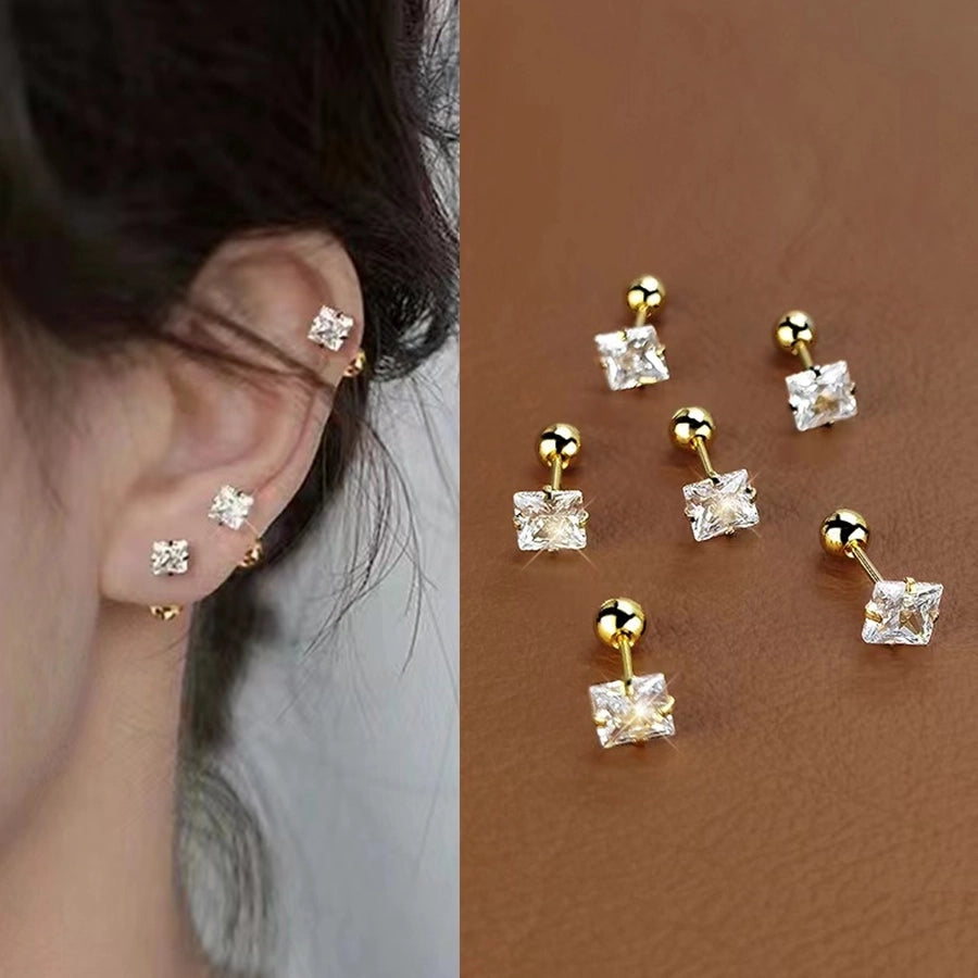 Golden Four-Claw Square Synthetic Zircon Stud Earrings [316 Stainless Steel]