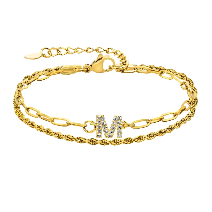 Letter Zircon Bracelets [201 Stainless Steel,Copper,18K Gold Plated]