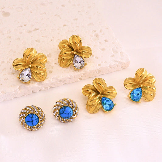 Mix Designs Blue Stone Earrings [304 Stainless Steel,18K Gold Plated]