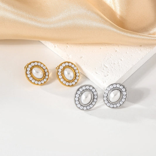 Oval Pearl Ear Studs [304 roestvrij staal, 18K vergulde goud]