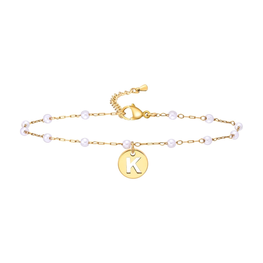 Letter Pearl Anklet [201 Stainless Steel, 18K Gold Plated]