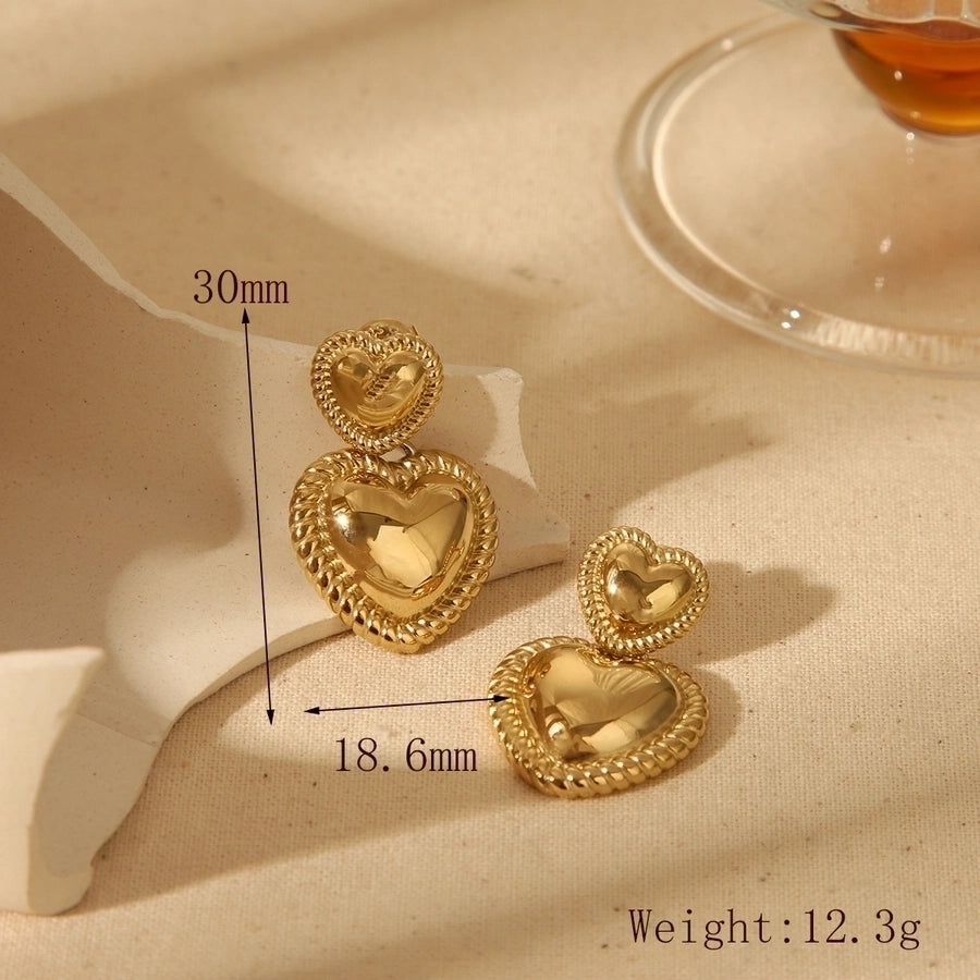 Double Heart Drop Earrings [304 Stainless Steel,18K Gold Plated]