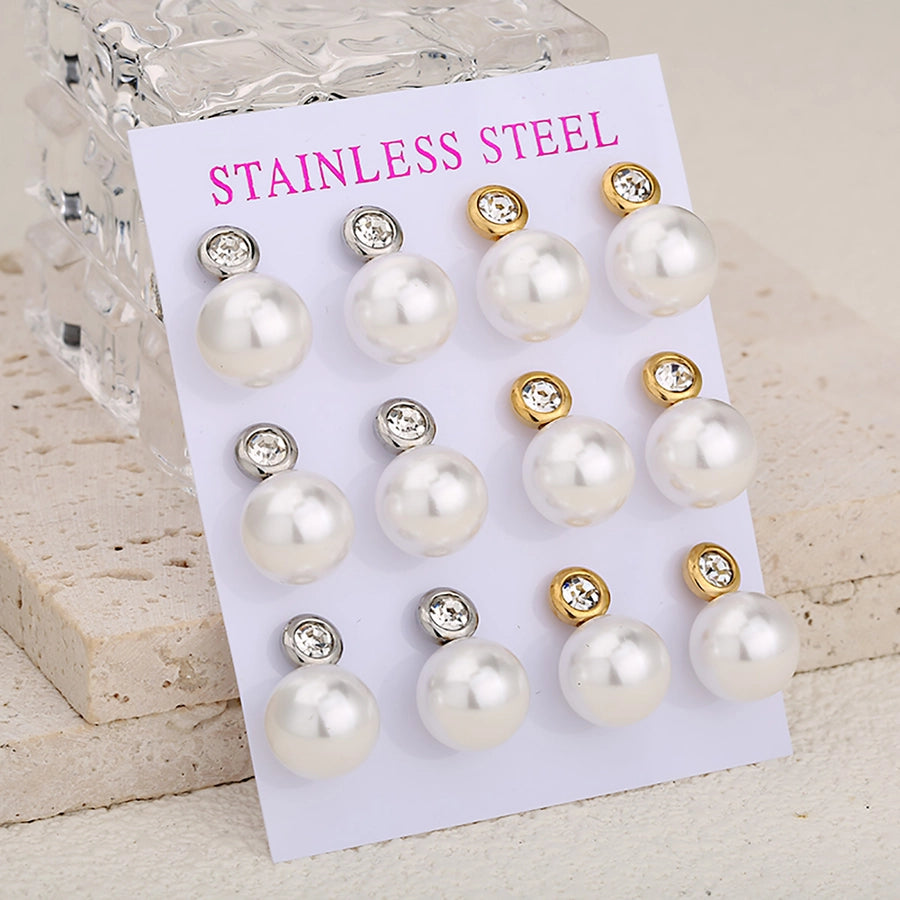 Round Pearl Stud Earrings Set [304 Stainless Steel]