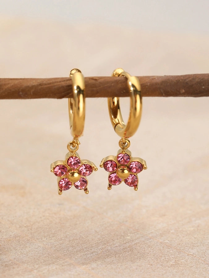 Flower Rhinestones Drop Earrings [304 Stainless Steel,18K Gold Plated]