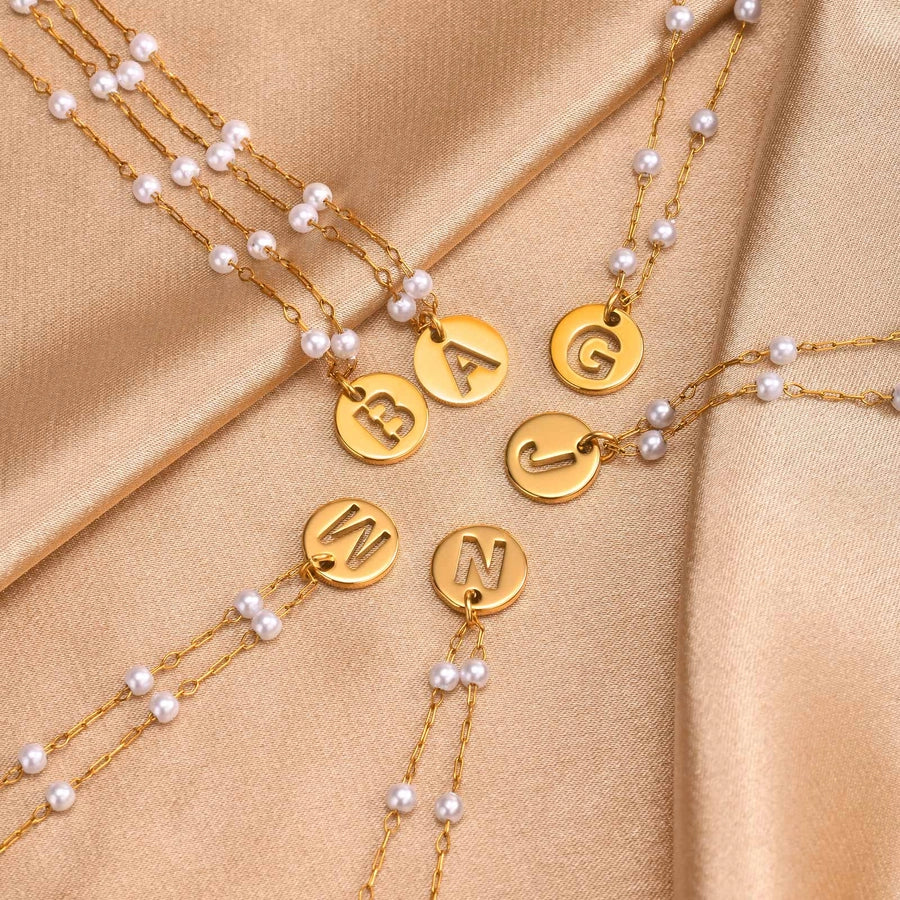 Letter Pearl Anklet [201 Stainless Steel, 18K Gold Plated]