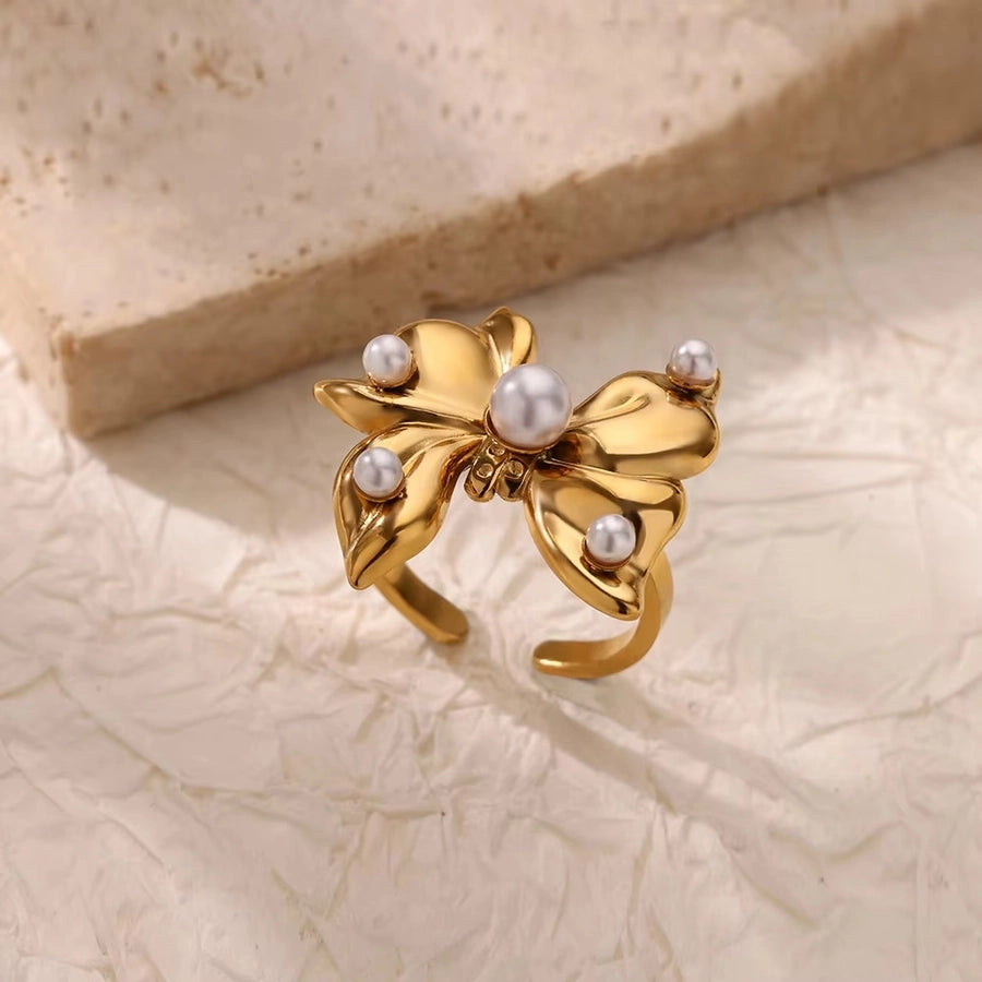 Heart Shape Bow Knot Asymmetrical Open Rings[304 Stainless Steel]