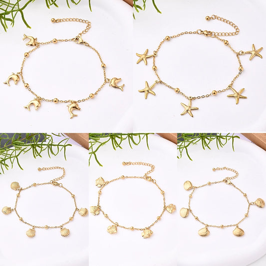 Gold Hawaiian Vacation Beach Dolphin Shell Fish Anklet [304 Rustfritt stål, 18K gullbelagt]