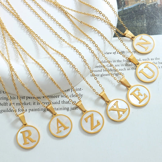 Letter Shell Pendant Necklace [304 Stainless Steel,18K Gold Plated]