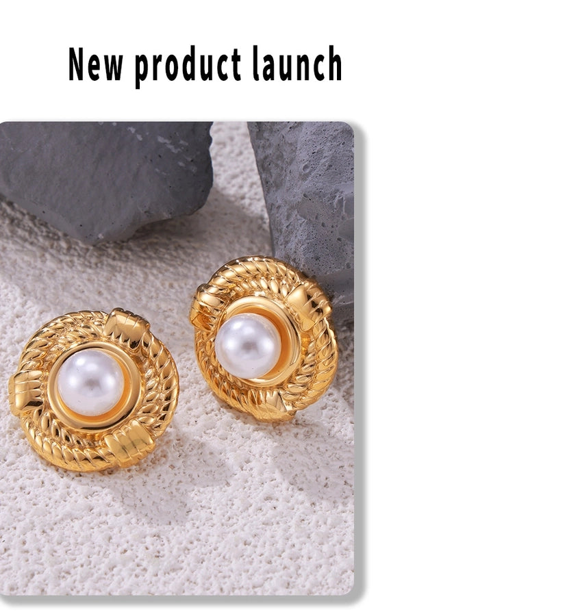 British Style Round Artificial Pearls eARRINGS [304 Stainless Steel,18K Gold Plated]