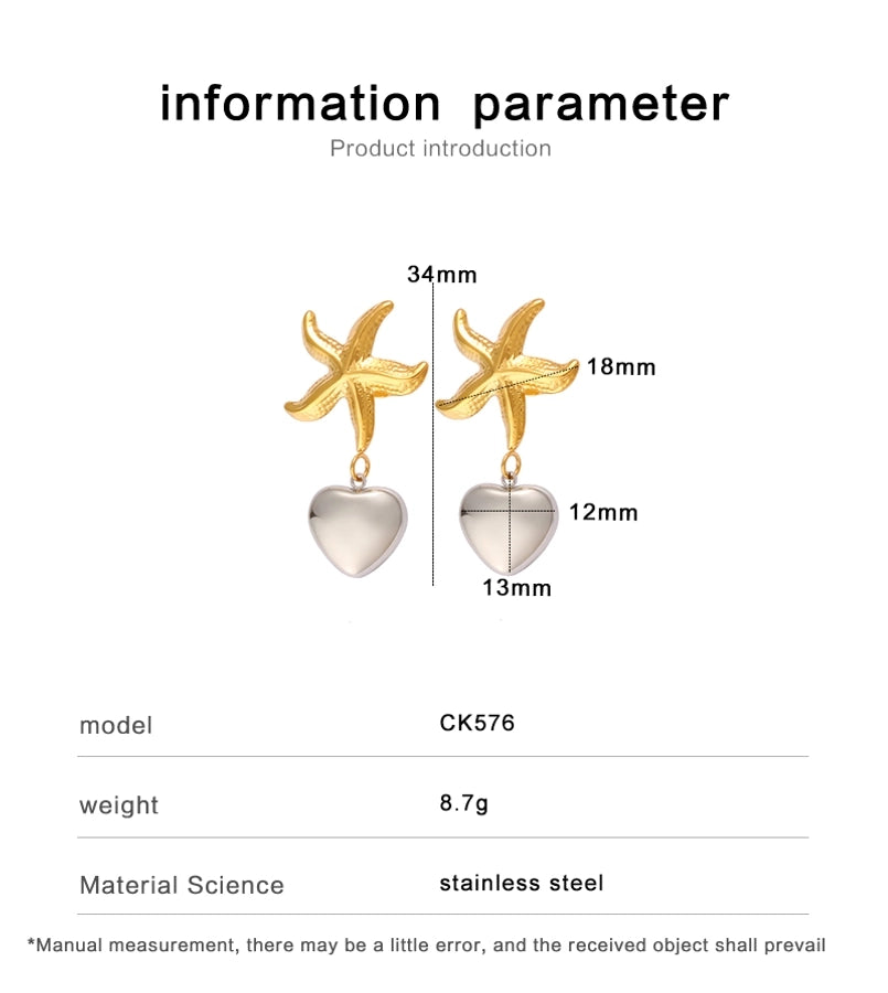 Starfish Heart Shape Drop Earrings [304,316 Stainless Steel,18K Gold Plated]