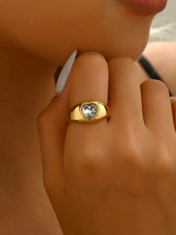 Heart Shape Zircon Ring [304 Stainless Steel, 14K Gold Plated]