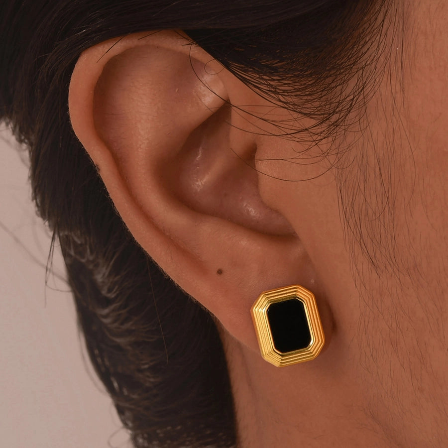 Black Square Agate Earrings [201 Stainless Steel,18K Gold Plated]