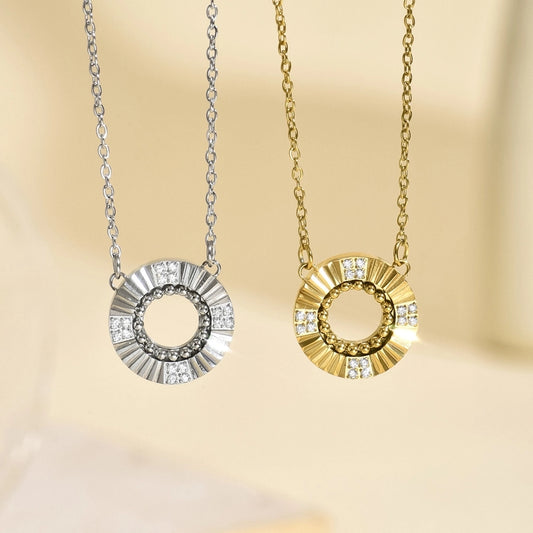 Rhinestones Hollow Circle Necklace [304 Stainless Steel,14K Gold Plated]