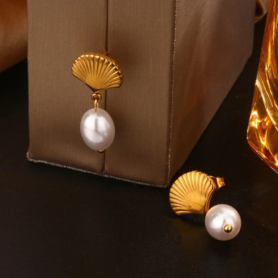 Tropical Geometric Sector Artificial Pearls Earrings [304 Stainless Steel, 18K Gold Plated]