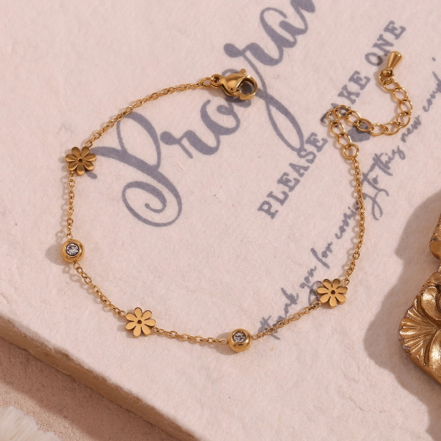 Flower Zircon Bracelet [304 Stainless Steel,18K Gold Plated]