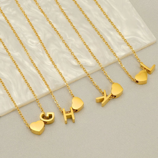 Letter Heart Shape Pendant Necklace [304 Stainless Steel,18K Gold Plated]