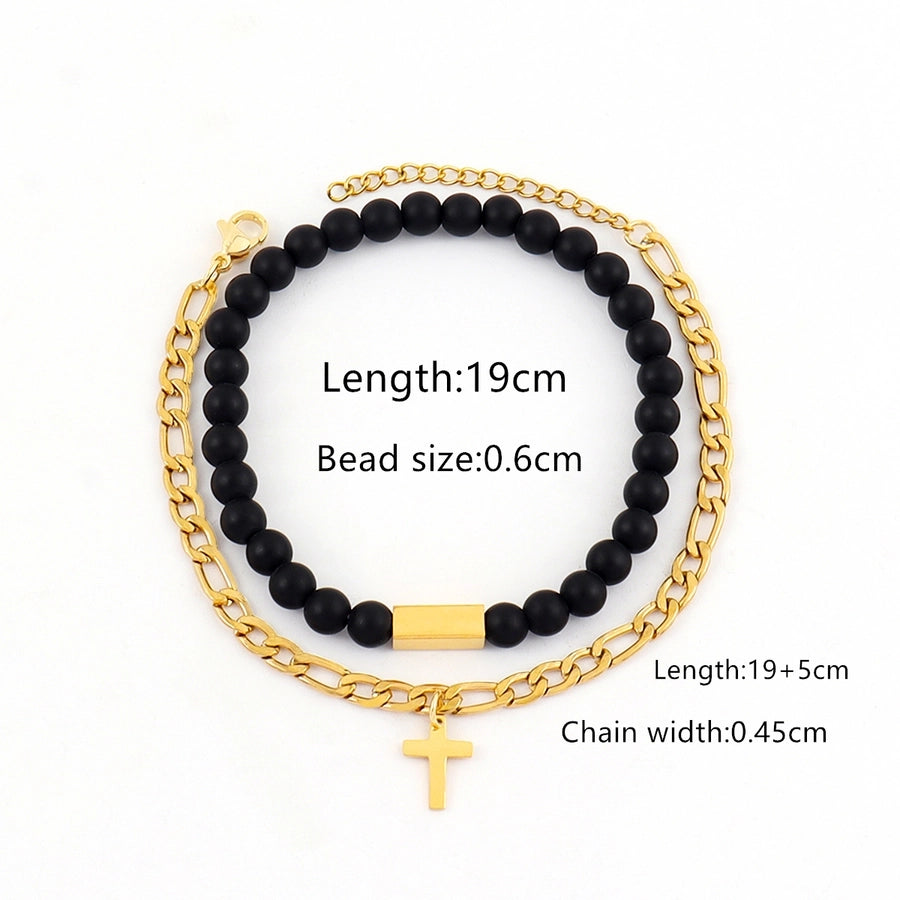 Cross Stone Beaded Chain Bracelet Set [201,304 Stainless Steel]