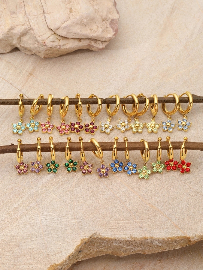 Flower Rhinestones Drop Earrings [304 Stainless Steel,18K Gold Plated]