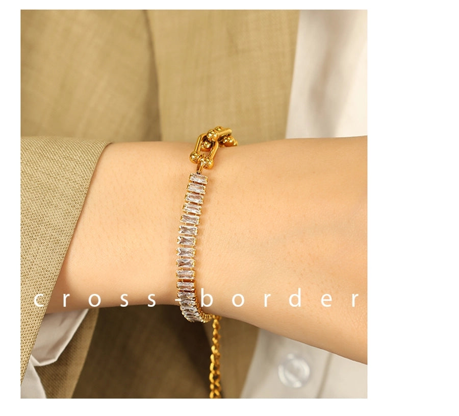 Square Zircon Chain Bracelet [304 Stainless Steel, 18K Gold Plated]