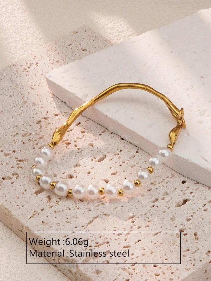 Plastic Pearls Bangle Bracelet  [304 Stainless Steel,18K Gold Plated]