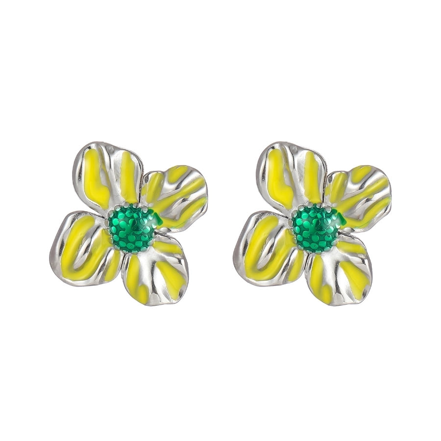 Flower Green Enamel Ear Studs [304 Stainless Steel,18K Gold Plated]