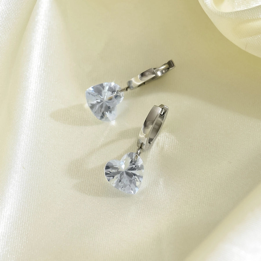 Zircon Drop Heart Earrings [304 Stainless Steel]