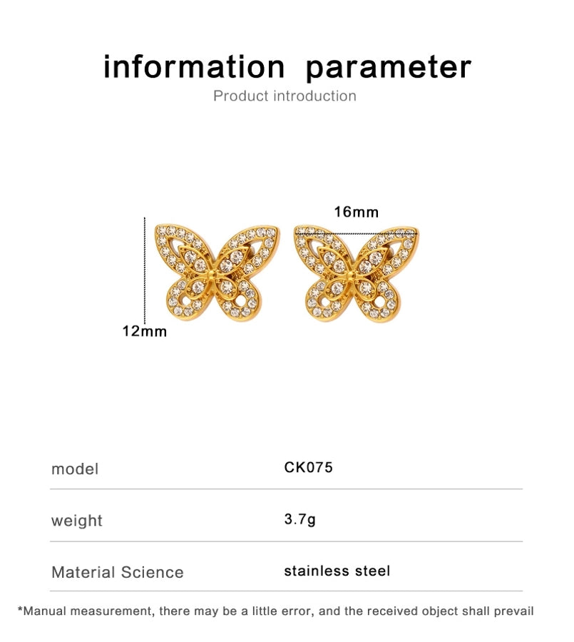 Hinaises d'oreille en strass de papillon [304 316 en acier inoxydable, 18 carats plaqués à l'or]