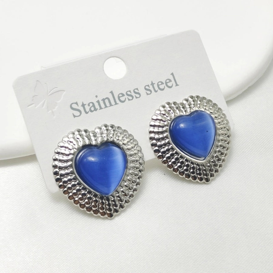 Silver Heart Stone Earrings [304 Stainless Steel]