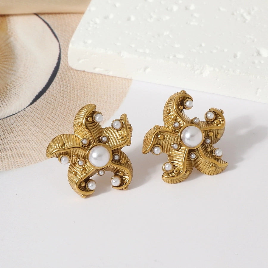 Beach Starfish Pearl Ear Studs [304 rustfrit stål]