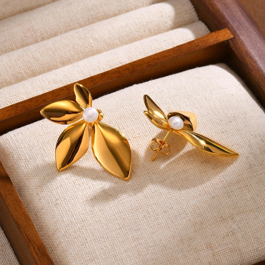 Leaf Plating Artificial Pearls Earrings [304 Stainless Steel,18K Gold Plated]