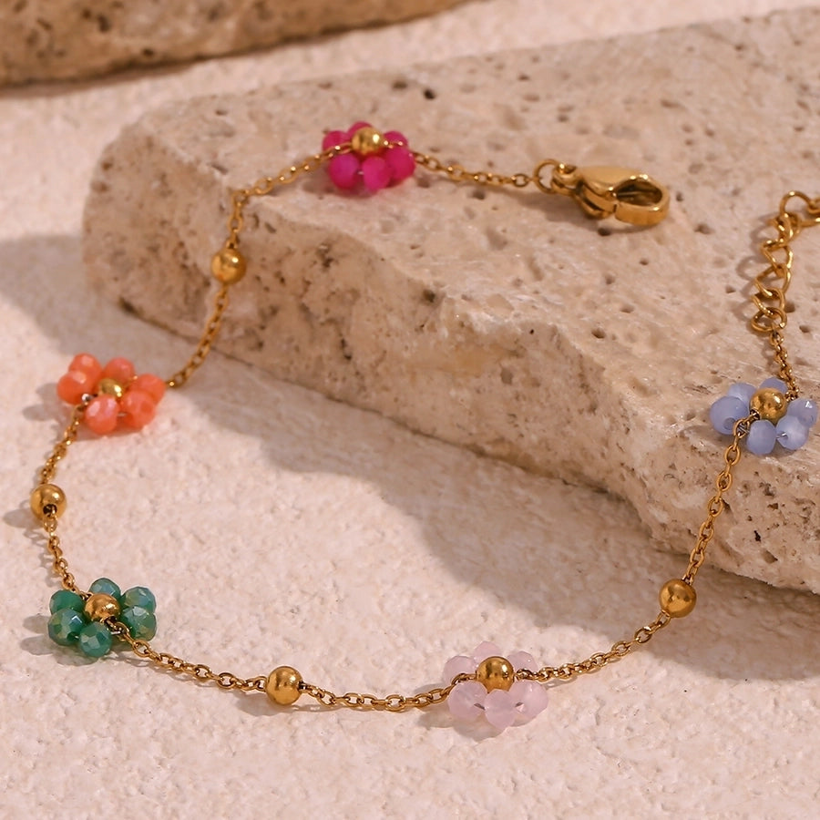 Beaded Flower Bracelet/Necklace [304 Stainless Steel,18K Gold Plated]