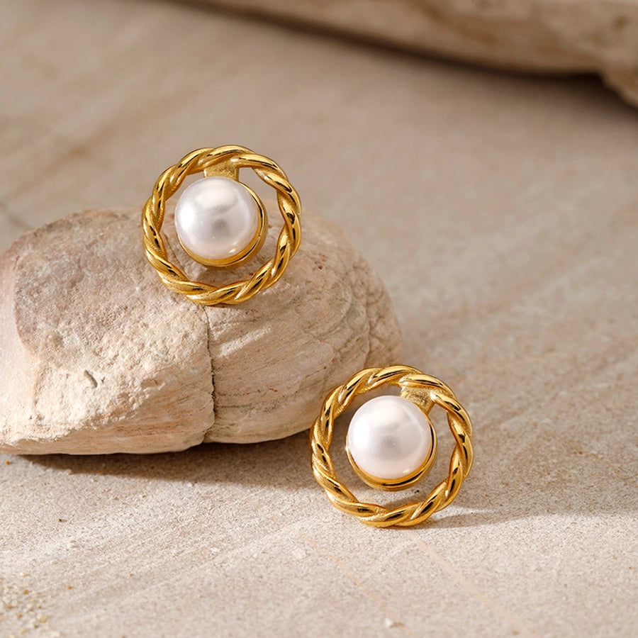 Round Artificial Pearls Ear Studs [304 Stainless Steel,18K Gold Plated]