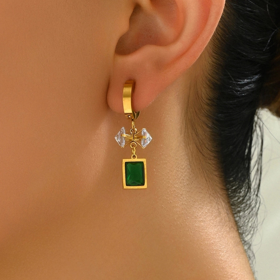 Square Water Droplets Artificial Pearls Zircon Drop Earrings [201 Stainless Steel,18K Gold Plated]