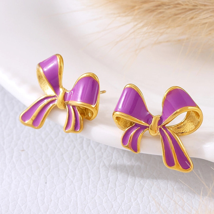 Color Preppy Style Bow Knot Enamel Earrings [304 Stainless Steel,18K Gold Plated]