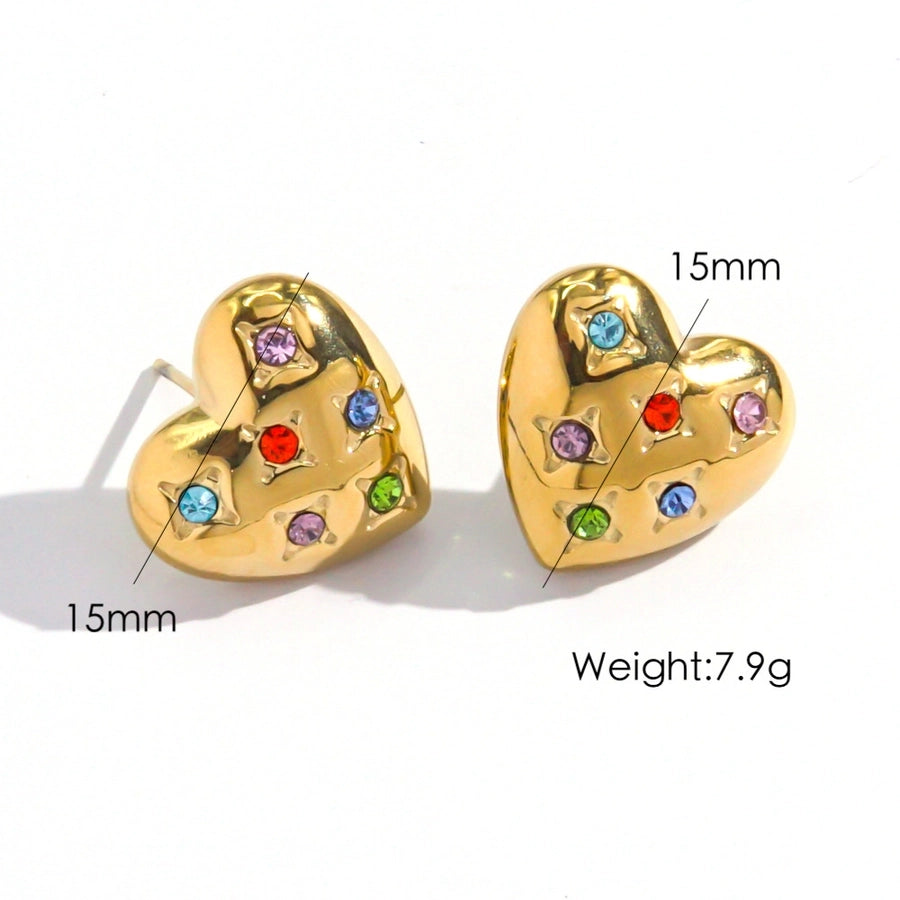 Heart Shape Zircon Earrings [304 Stainless Steel,14K Gold Plated]