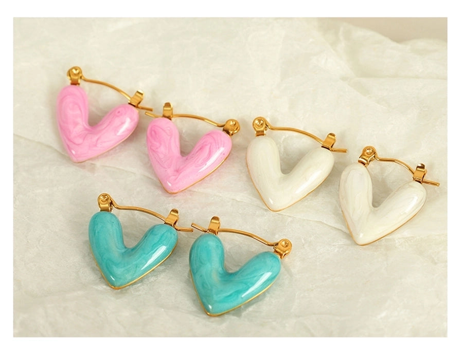 Heart Shape Polishing Enamel Earrings [304 Stainless Steel,18K Gold Plated]