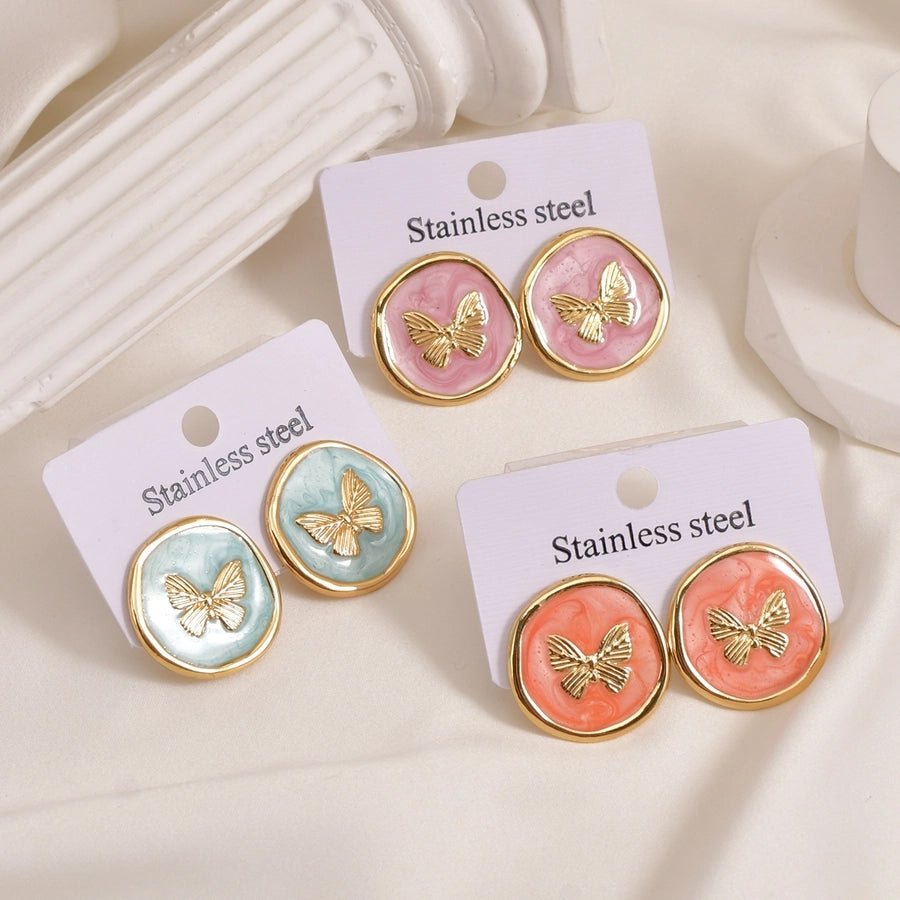 Cute Simple Style Round 304 Stainless Steel 18K Gold Plated Ear Studs