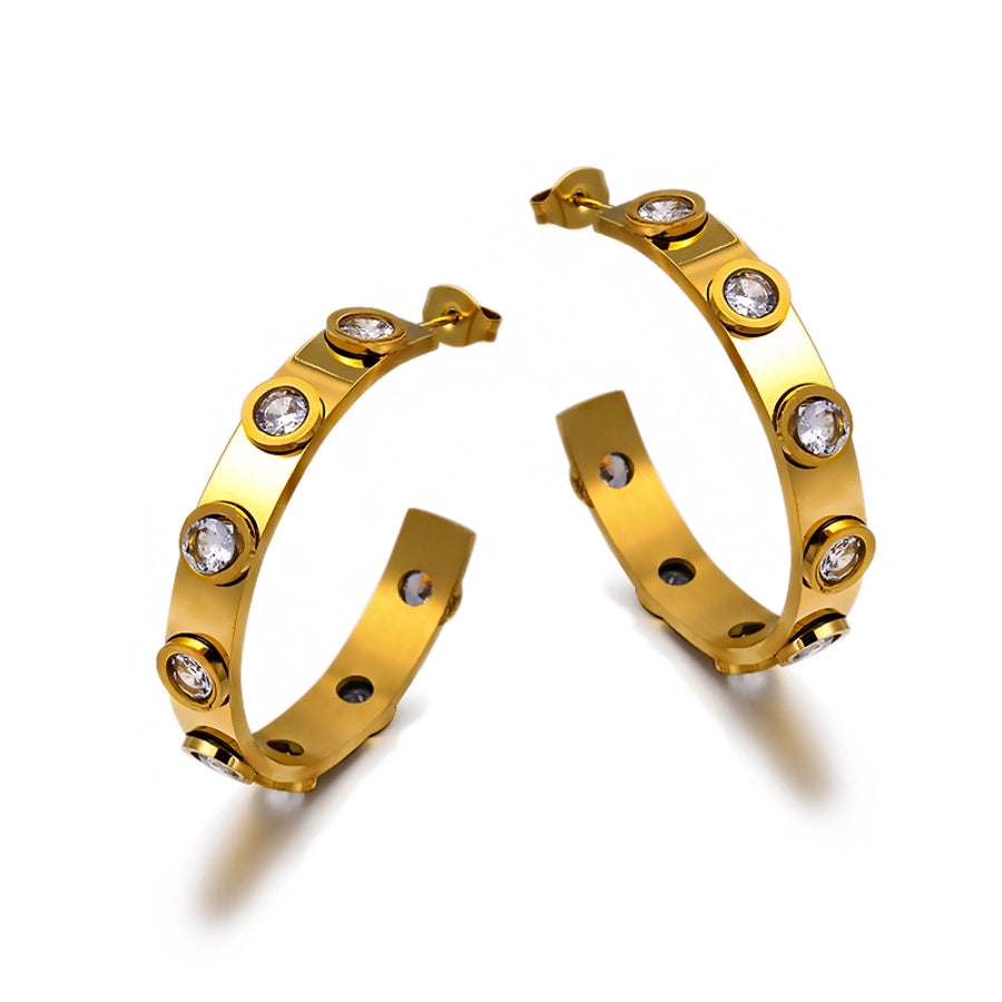 Round Zircon Hoop Earrings [304 Stainless Steel,18K Gold Plated]