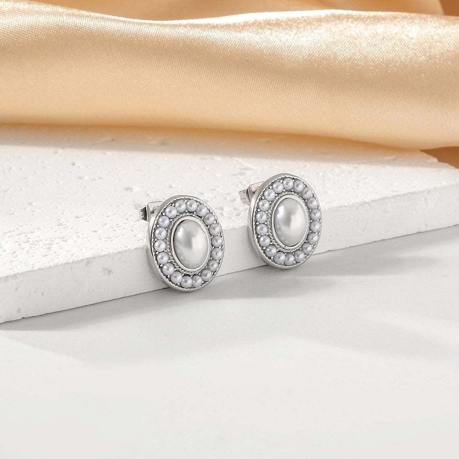 Oval Pearl Ear Studs [304 Stainless Steel,18K Gold Plated]