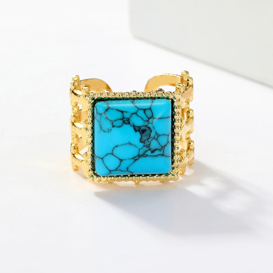 Round Square Turquoise Open Ring [201 Stainless Steel, 18K Gold Plated]