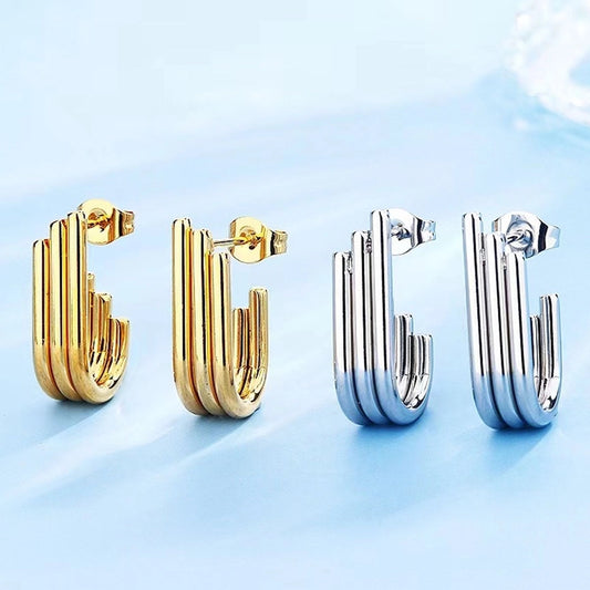 U shape Vertical Stripes Earrings [304 Stainless Steel,18K Gold Plated]