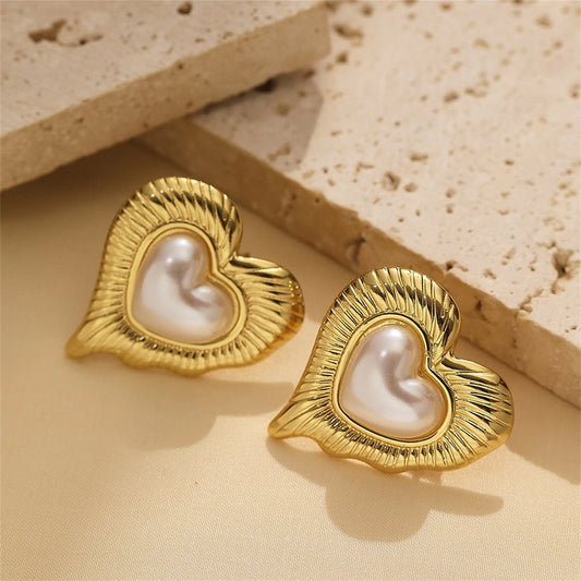 Heart Shape Artificial Pearls Earrings [304 Stainless Steel]