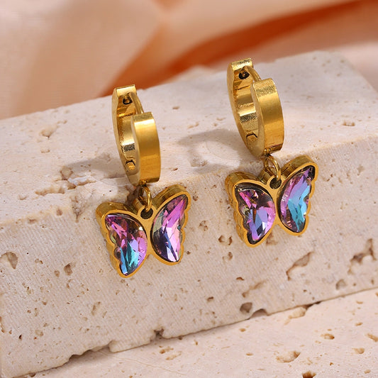 Purple Stone Butterfly Heart Flower Learrings [304 z nerezové oceli]