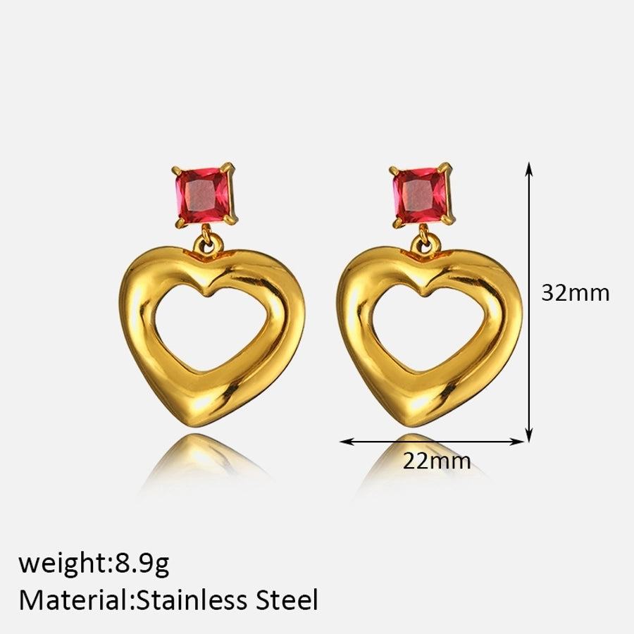 Red Rhinestone Heart Shape Earrings [304 Stainless Steel,18K Gold Plated]