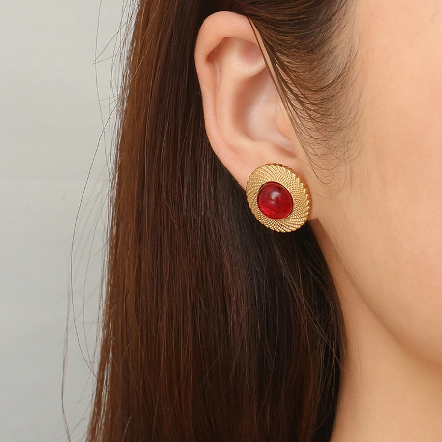 Red Gem Round Earrings [304 Stainless Steel,18K Gold Plated]