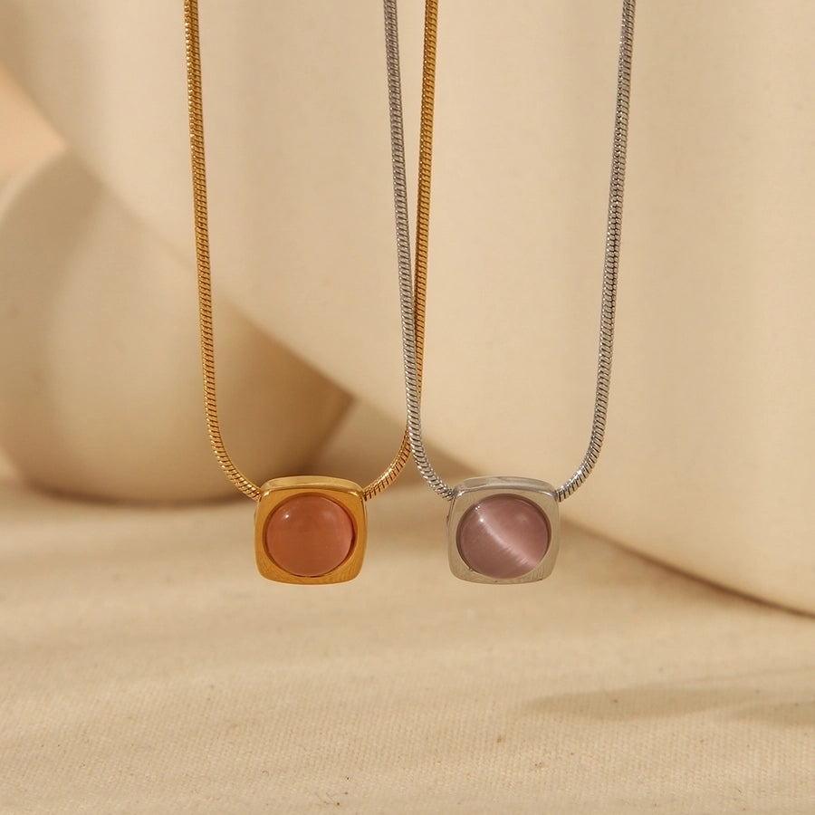 Pink Opal Square Necklace [304 Stainless Steel,18K Gold Plated]